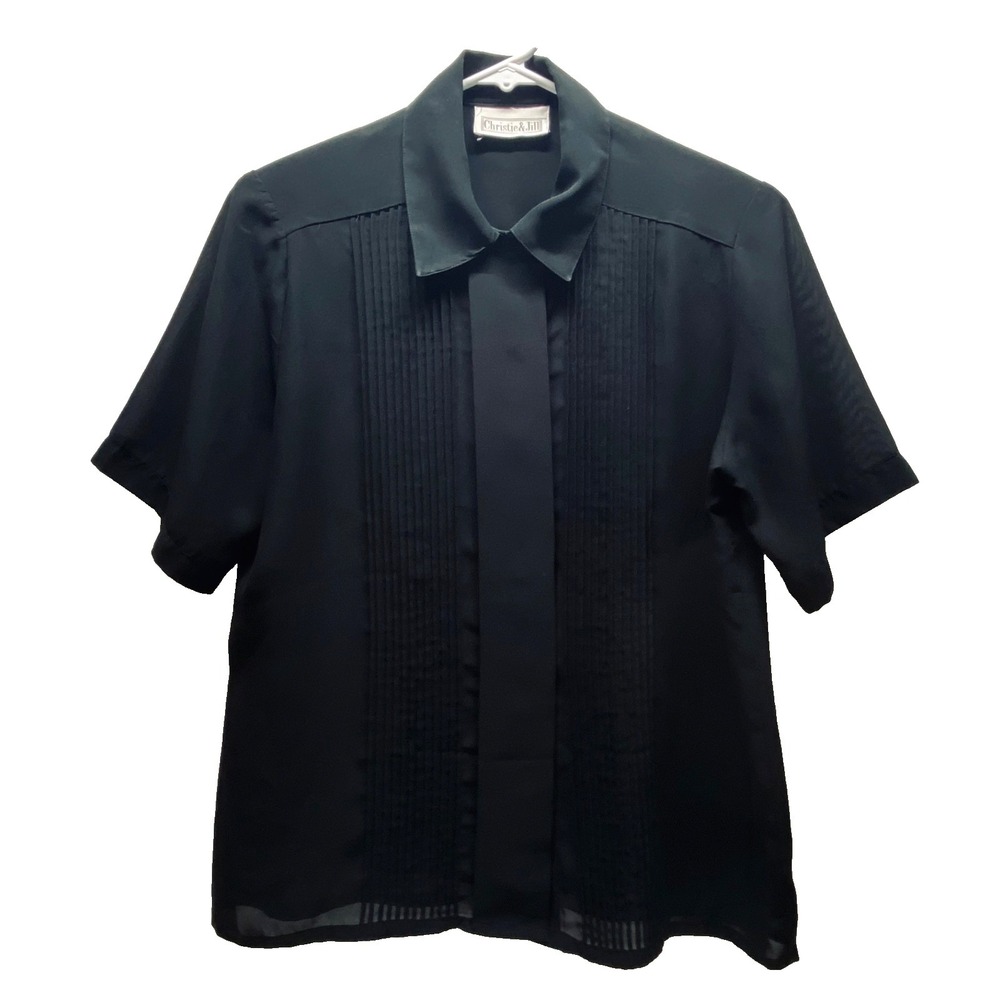 Vintage Christie & Jill Blouse Women Large Black Pleated Career Short Sleeve Top